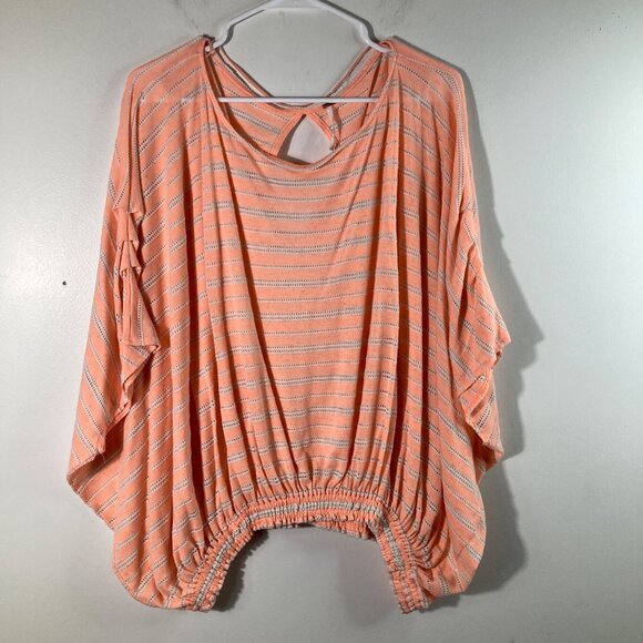 Womens Free People Batwing Stretch Stripe Top Peach White L Poly Rayon Linen Cot - Picture 1 of 9